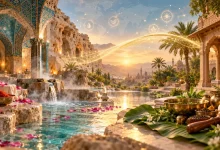 تصویری از پیوند معماری حمام ایرانی و عناصر درمان آیورودای هند با نوری طلایی در میان آن‌ها