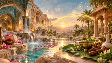 تصویری از پیوند معماری حمام ایرانی و عناصر درمان آیورودای هند با نوری طلایی در میان آن‌ها