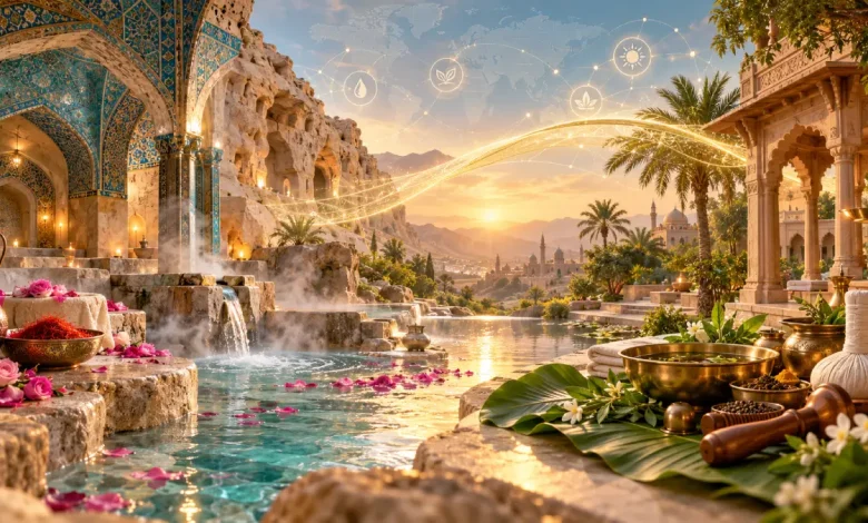 تصویری از پیوند معماری حمام ایرانی و عناصر درمان آیورودای هند با نوری طلایی در میان آنها